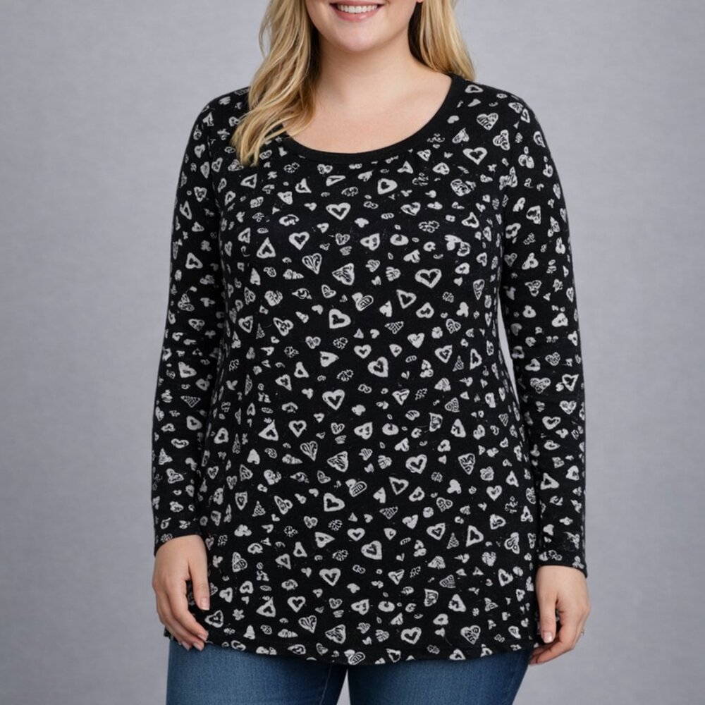 ANYBODY Women’s Plus Size 1XT Long Sleeve Top Black White Hearts Print Casual